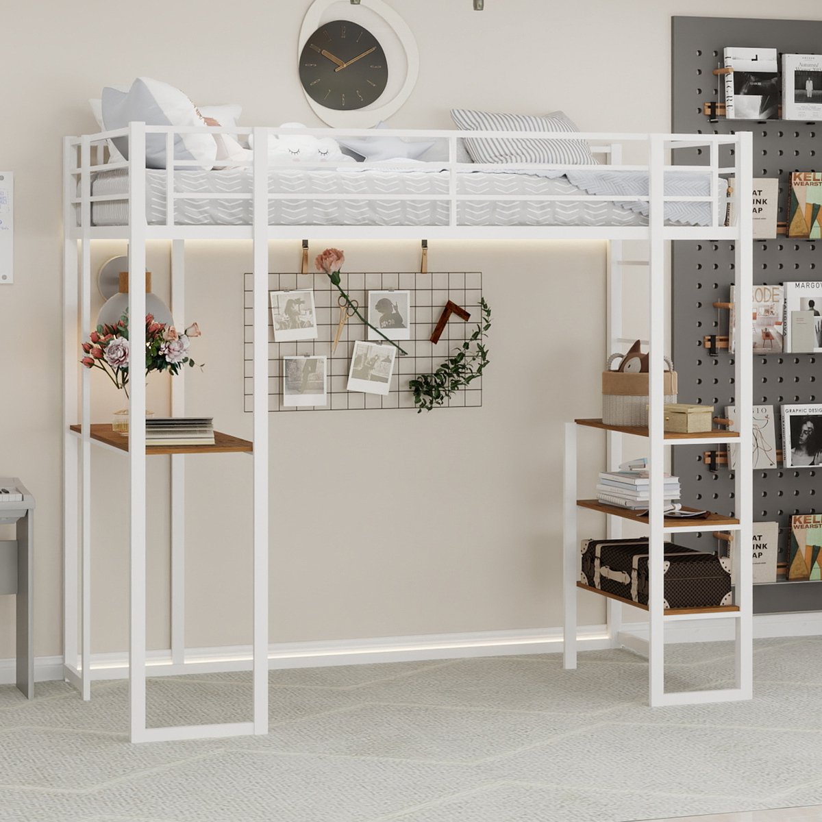 HAUSS SPOLE Metalen Hoogslaper Met Bureau En Trap 90x200cm - Zonder matras - Met Veiligheidshek - Dubbel Ondersteund Frame - IJzer - Wit