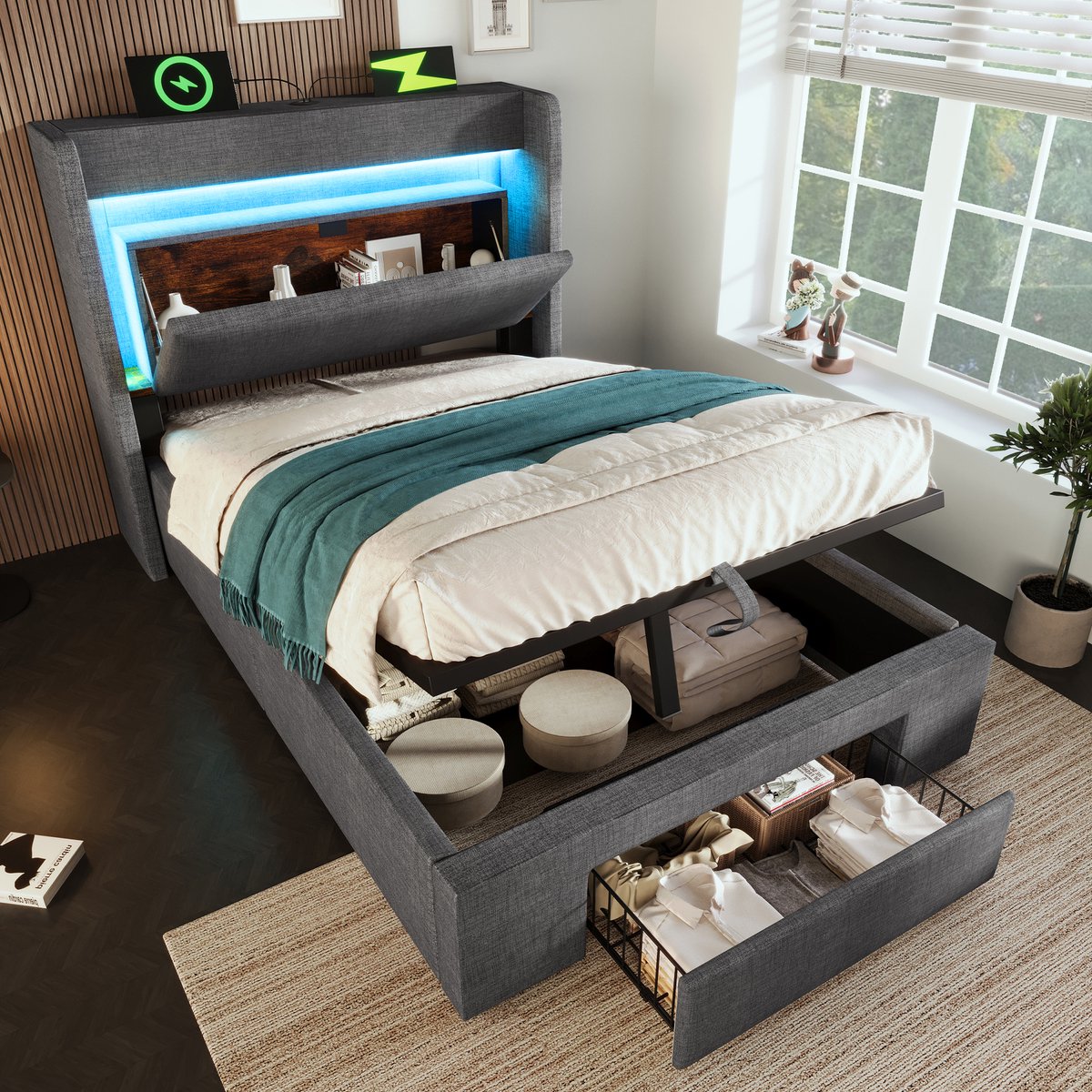 HAUSS SPOLE Gestoffeerd Bed 90x200cm - Met LED Verlichting En USB En USB C - Met Hydraulische Opbergruimte En Lade - Linnen - Zonder Matras - Grijs