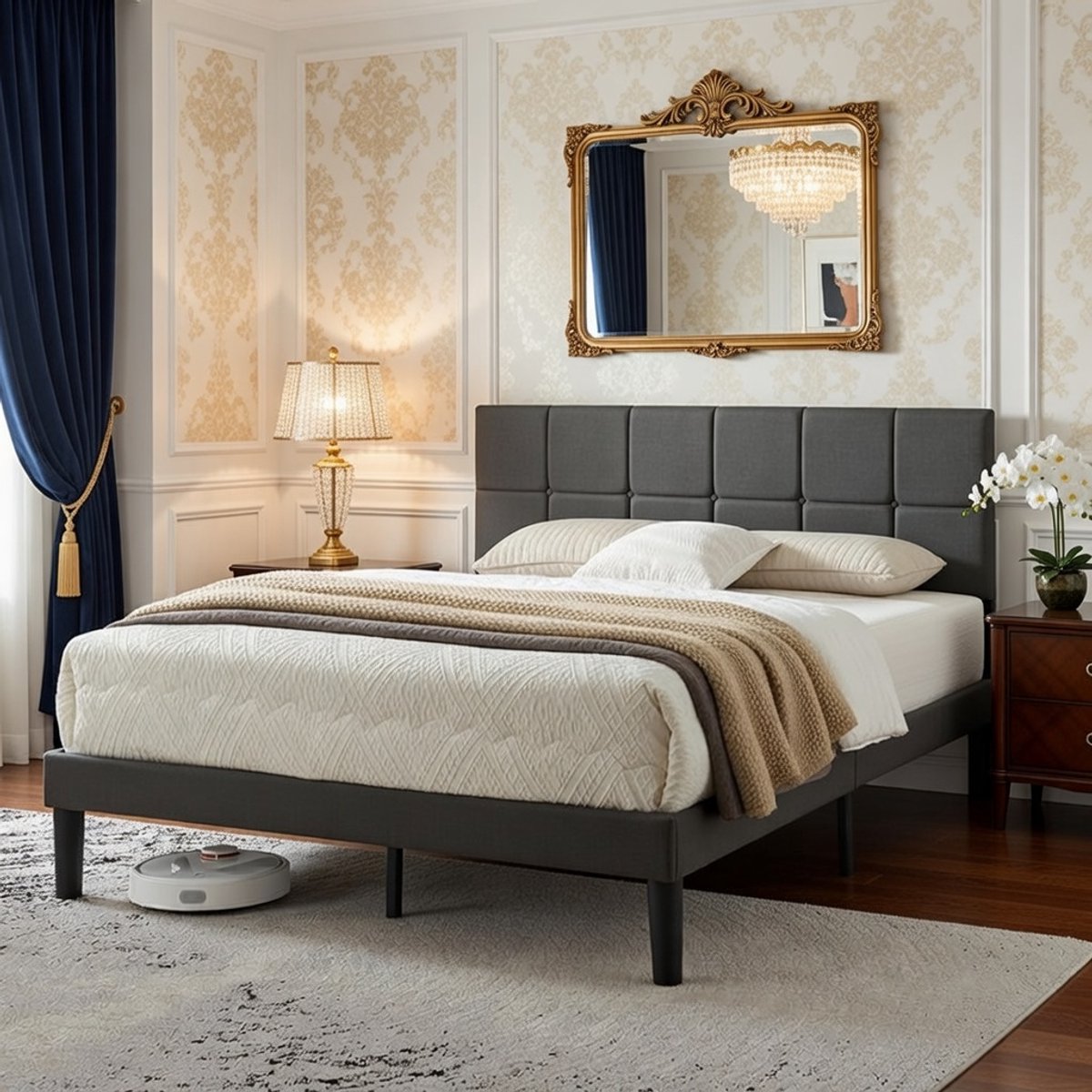 Luxe Gestoffeerd Tweepersoonsbed 120x200 cm - Modern Linnen Hoofdeinde, Verstelbaar, Met Lattenboden, Stabiel Metalen Frame - Groot Comfort voor Slaapkamer Casa Serena