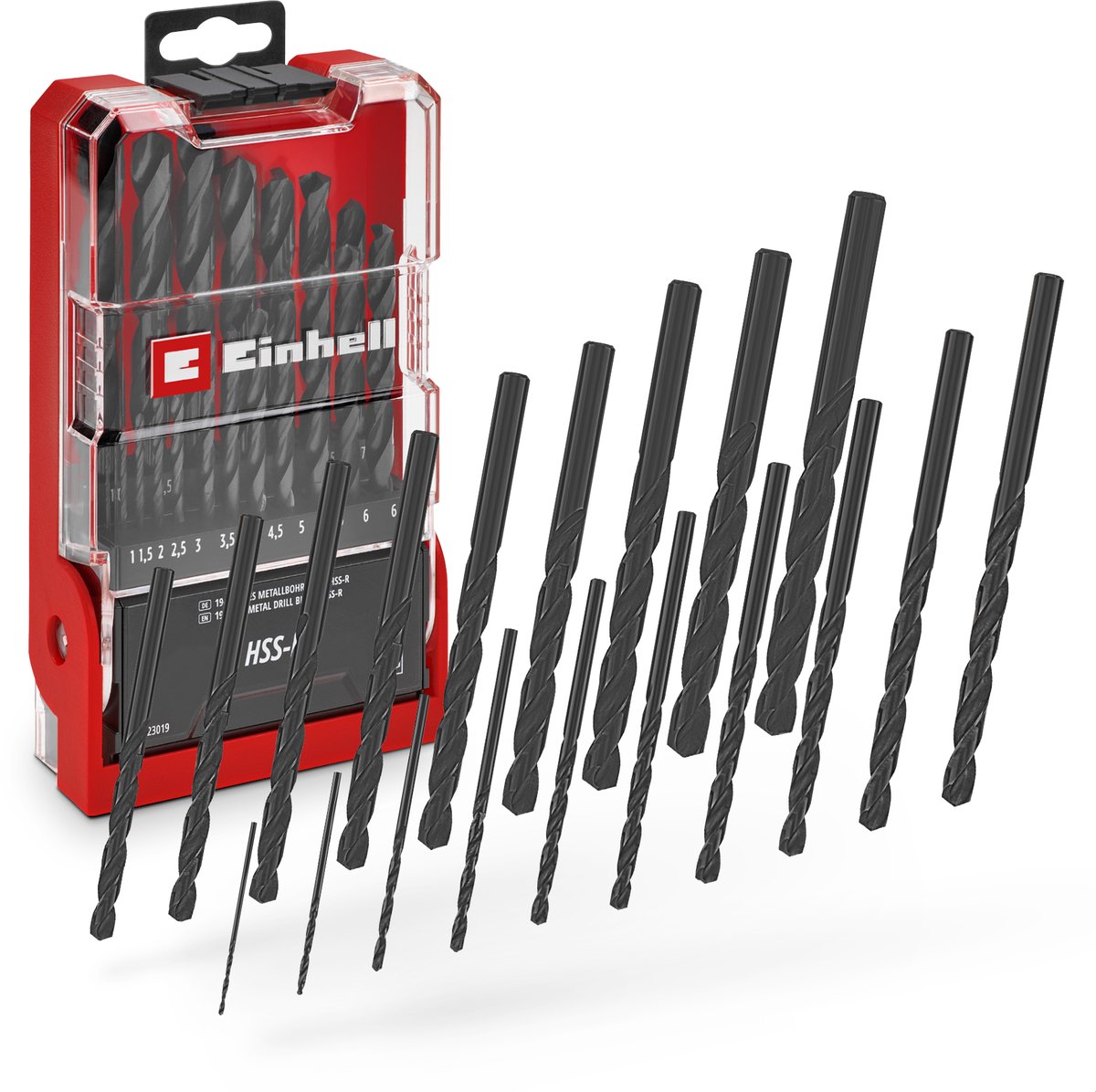 Einhell 19-delige HSS-R metaalboor set (HSS 4241 staal, zwart gepolijst, 135° boorpunt, rolgesmede spiraal type N, ronde schacht incl. opbergkoffer)