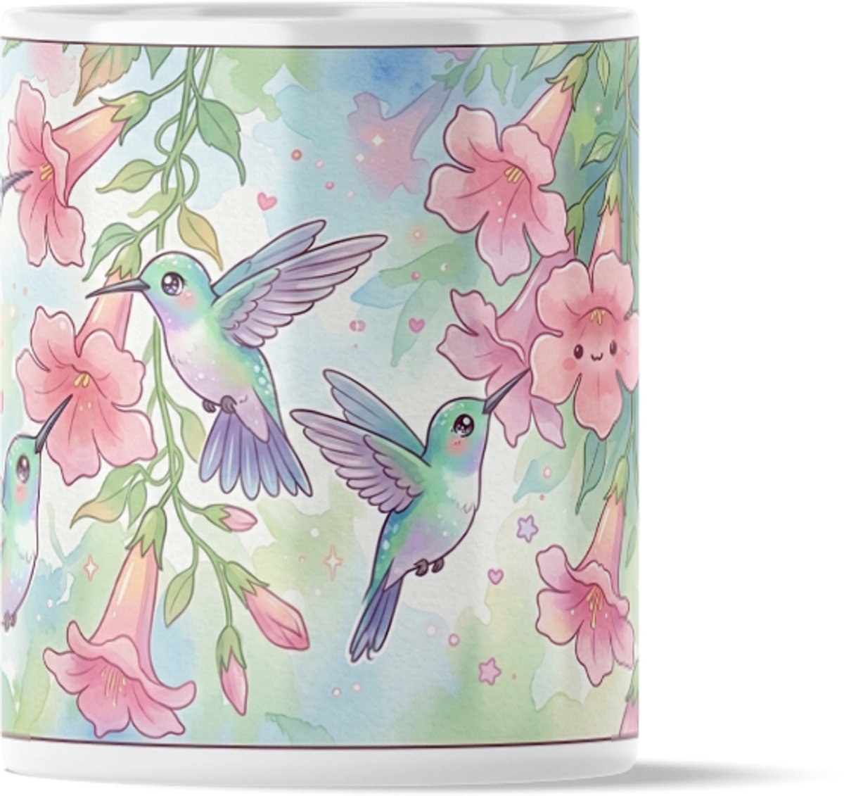 Kawaii Kolibries & Roze Bloemen Koffiemok Theebeker - Tropische Vogels Lente Design voor op Kantoor & Thuis Werkplek - Cadeau voor haar: Vrouw, Vriendin of Collega - Natuur Dierenliefhebber Bureau Accessoire - Pastel Vogeltjes