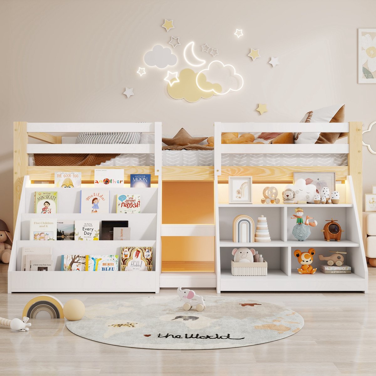 Merax Halfhoogslaper 90x200 cm - met meerdere planken - inclusief LED-verlichting - met opbergruimte - zonder matras - wit