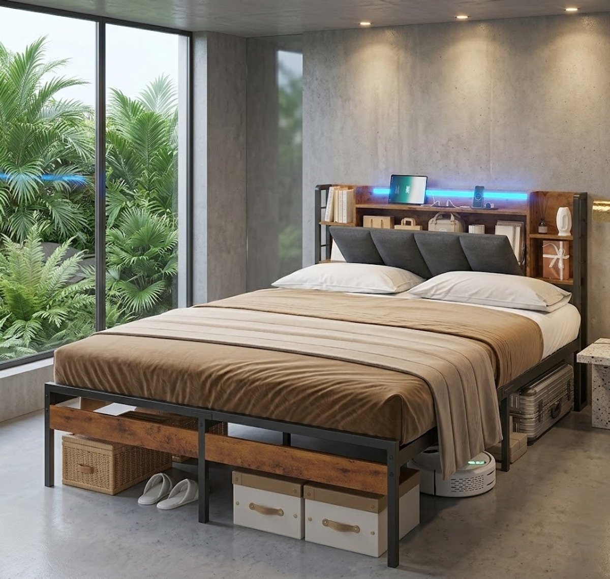 LuminaCharge LED Bedframe 140x200 cm met USB & Opbergruimte – Industrieel Metalen Tweepersoonsbed met Gestoffeerd Hoofdbord en LattenbodemCasa Serena – Casa Dorada