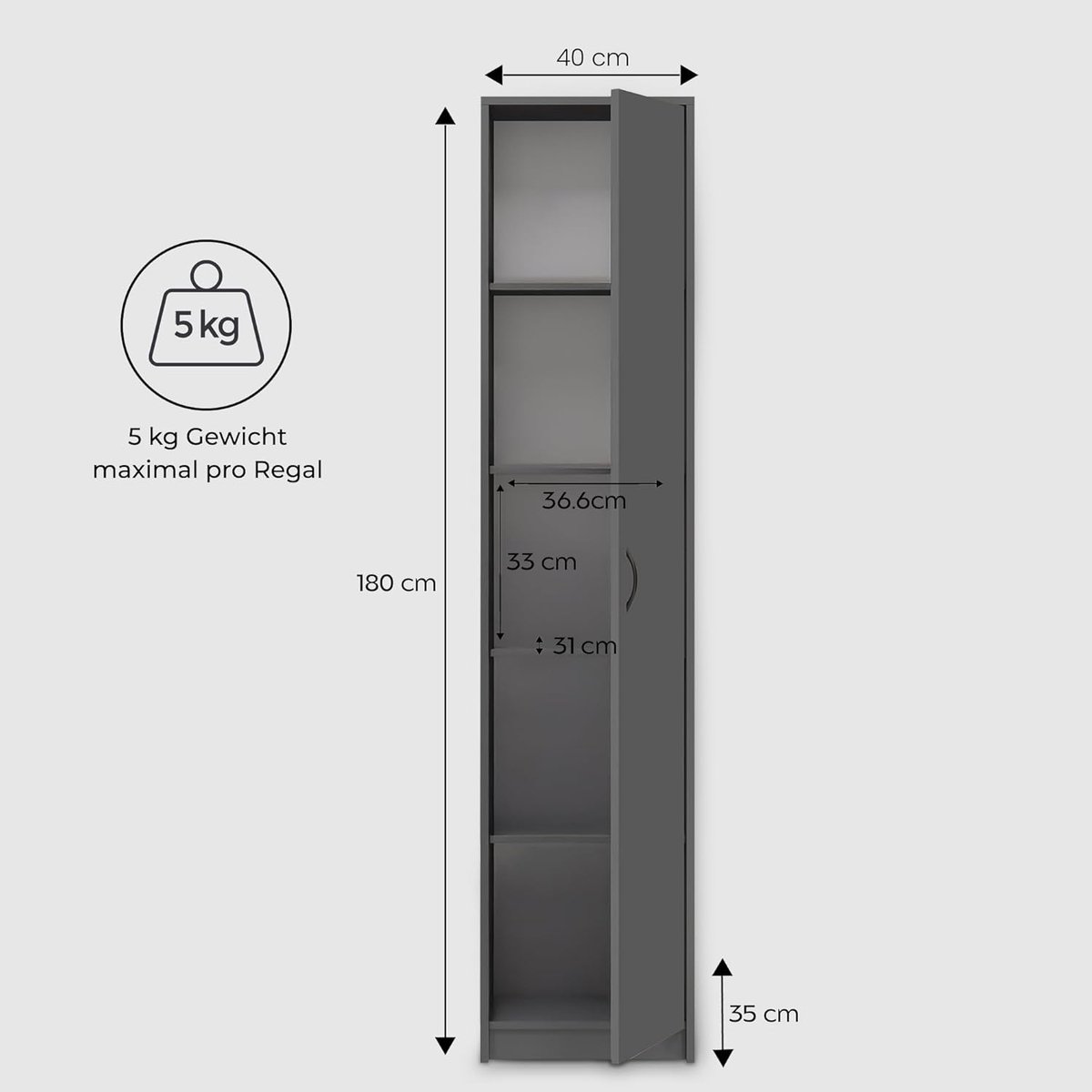 Boekenkast Garderoberek Casa Velluto – Smalle Multifunctionele Wandkast 40cm Breed x 180cm Hoog – 4 Verstelbare Planken – Opbergkast voor Kleding, Dossiers, Boeken – Antraciet MDF Kast voor Slaapkamer, Hal, Kantoor en Kelder
