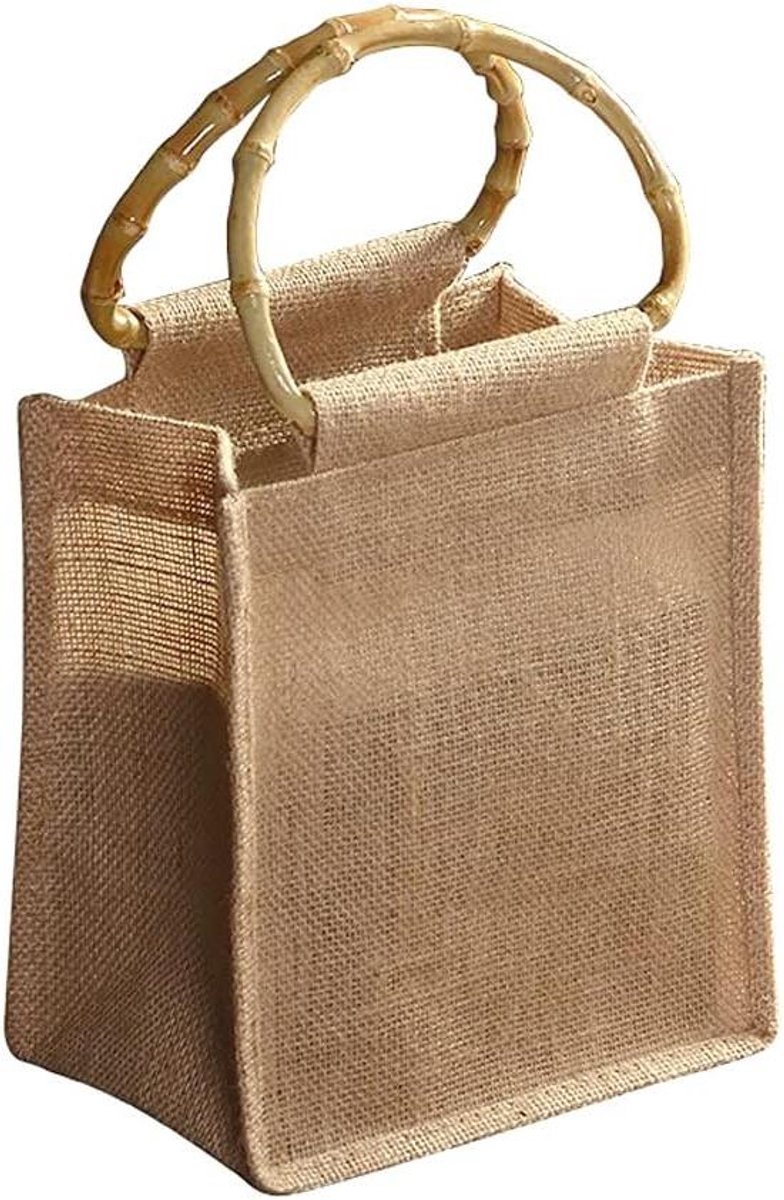 Handtas van jute en bamboe voor shoppen en picknicken - bruin - 22 x 23 x 15 cm
