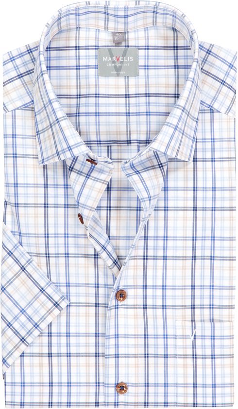 MARVELIS comfort fit overhemd - korte mouw - popeline - wit met blauw en beige geruit - Strijkvrij - Boordmaat: 40