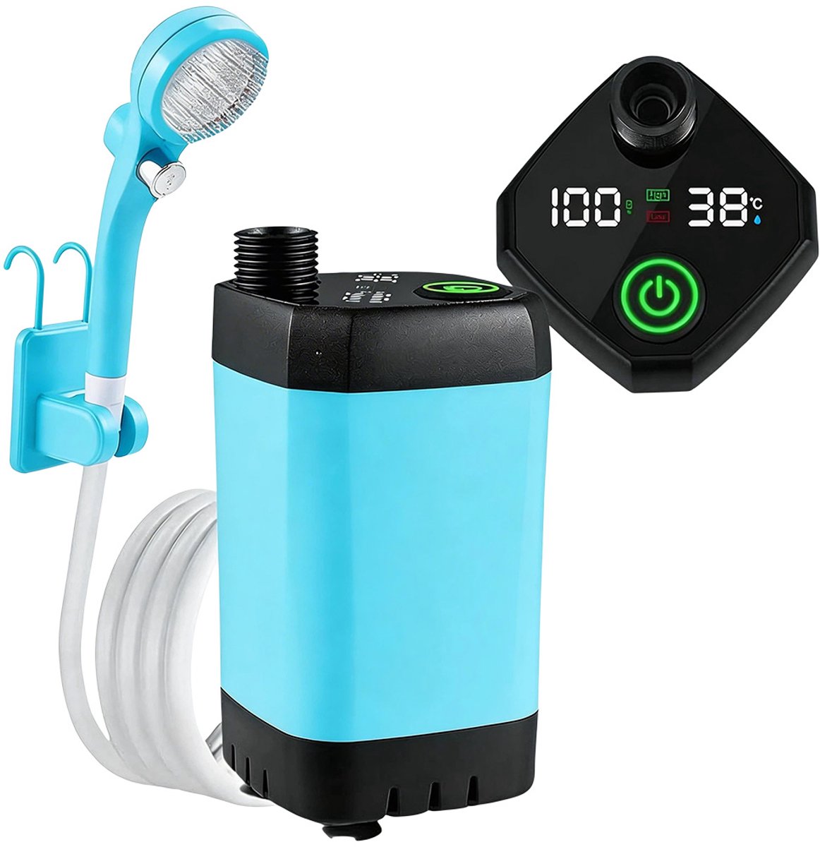 Draagbare Camping Douche - Buitendouche - Tuindouche - 6000mAh Accu - Digitale Temperatuurweergave - 3 Waterstanden - Inclusief Opbergtas - Blauw thumbnail 3
