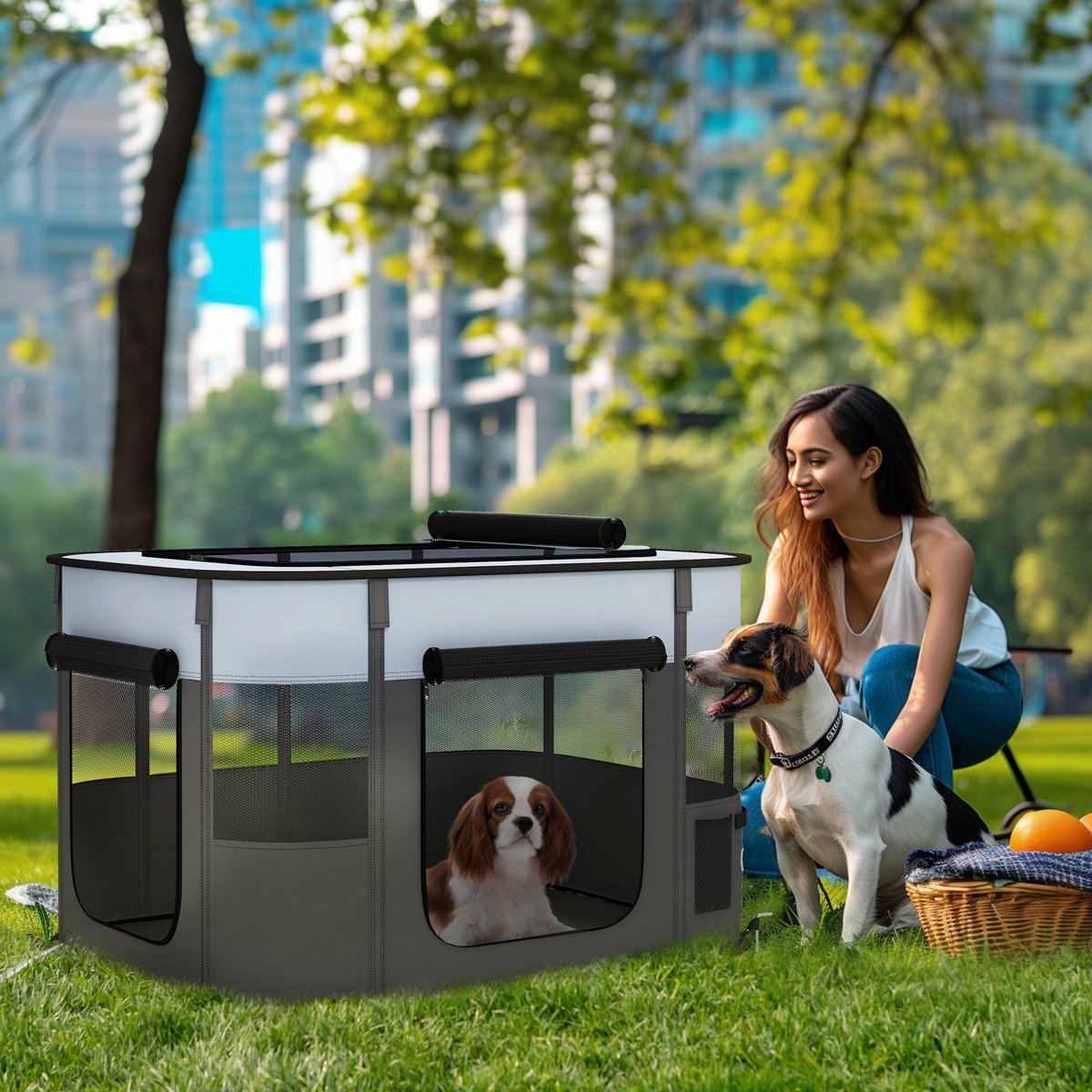 REDOM Luxe Rechthoekige Puppyren & Kattenren (94x74x60) - Opvouwbare Pop-Up Hondenren Binnen/Buiten met Dak - Grijs
