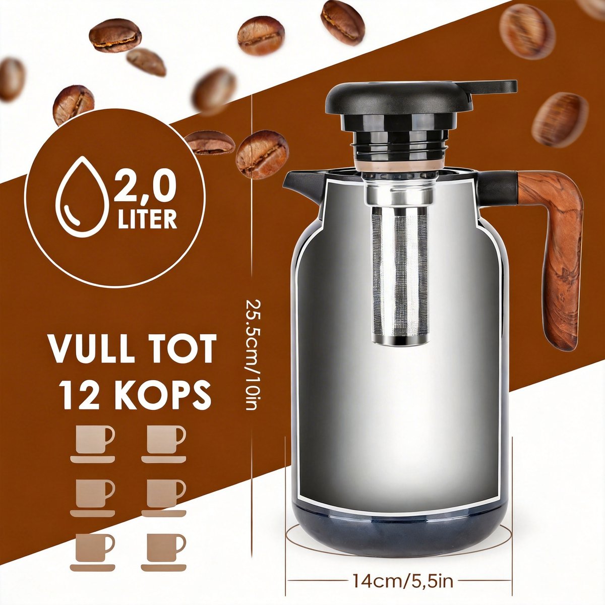 Dreamhigh® Thermoskan 2 Liter - Thermoskan voor Koffie - 100% Lekvrije Thermoskan - Roestvrij Staal - Warme en Koude Dranken - voor Thee - Melk en Koffie — cadeau in Koken & Dineren - foto 6
