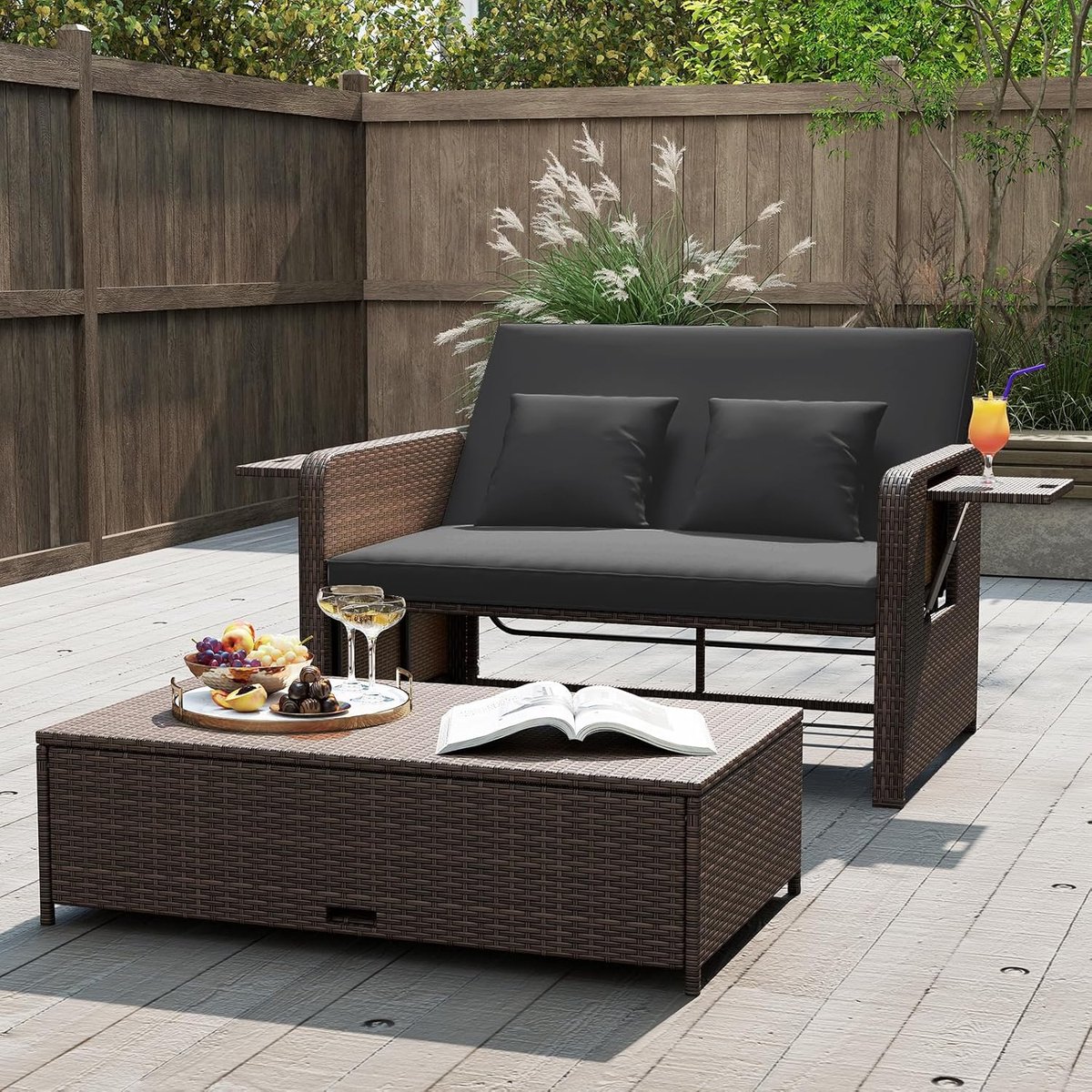 3-in-1 Rotan Loungeset Ligstoel 166x166x55 cm met Verstelbare Rugleuning, Opbergruimte & Kussens – Tuinbank Bed Balkonset – Bruin Gemêleerd Zwart – Laura
