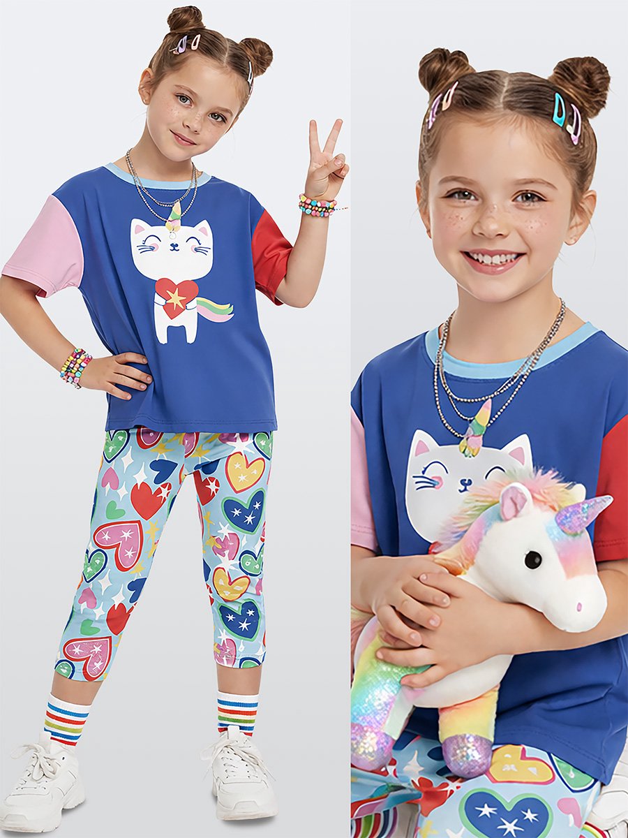 Denokids CFF-26Y1-035 Blauw Meisjes T-shirt & Leggings Set Unicorn Kattenprint 116
