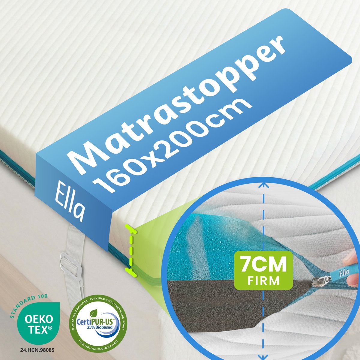 Ella Firm Topper 160x200 cm - 7CM Matras Topdekmatras - Matrastopper Gel Infused Traagschuim & Aircell-schuim - Hardheid Stevig