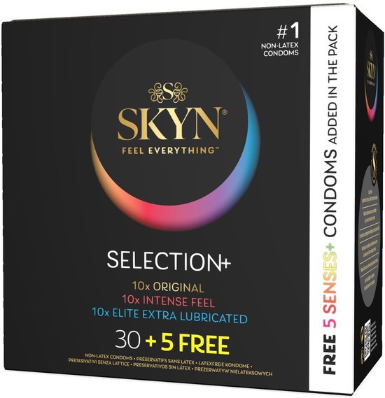 Doos SKYN Selection+ condooms met 'Free 5 Senses+ Condoms Added in the Pack'. Met 30 + 5 gratis verpakkingen. Zwart met regenboog cirkel.