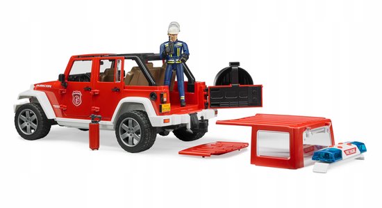 Rode brandweerauto Jeep Wrangler met open achterklep, brandweerman en verwijderbare onderdelen.