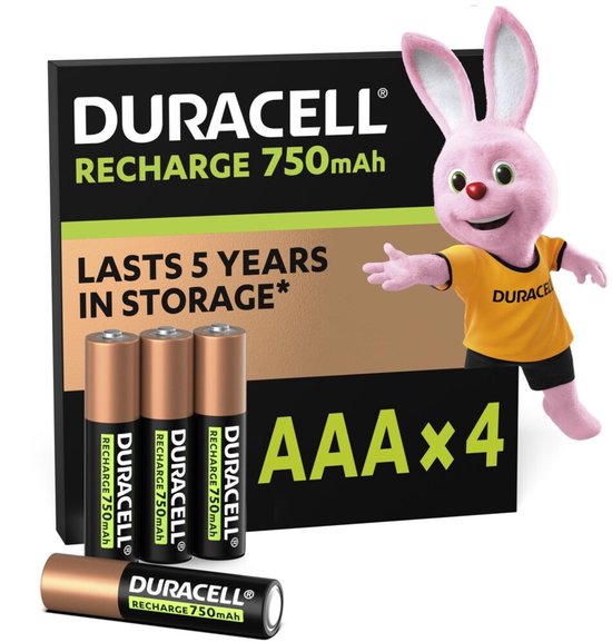 Piles AAA rechargeables Duracell, lot de 4, durée de conservation 5 ans, avec le lapin Duracell rose.