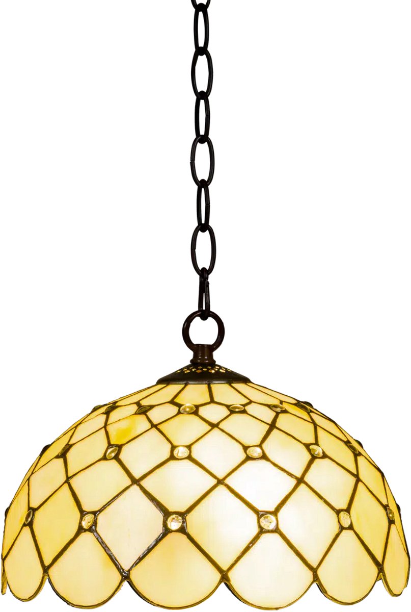 Tiffany hanglamp met glasjuwelen - Crème-amber - Ø 30 cm - Glas in lood - Warm licht - Inclusief ketting en plafondplaat - Pendellamp | RORUVERA