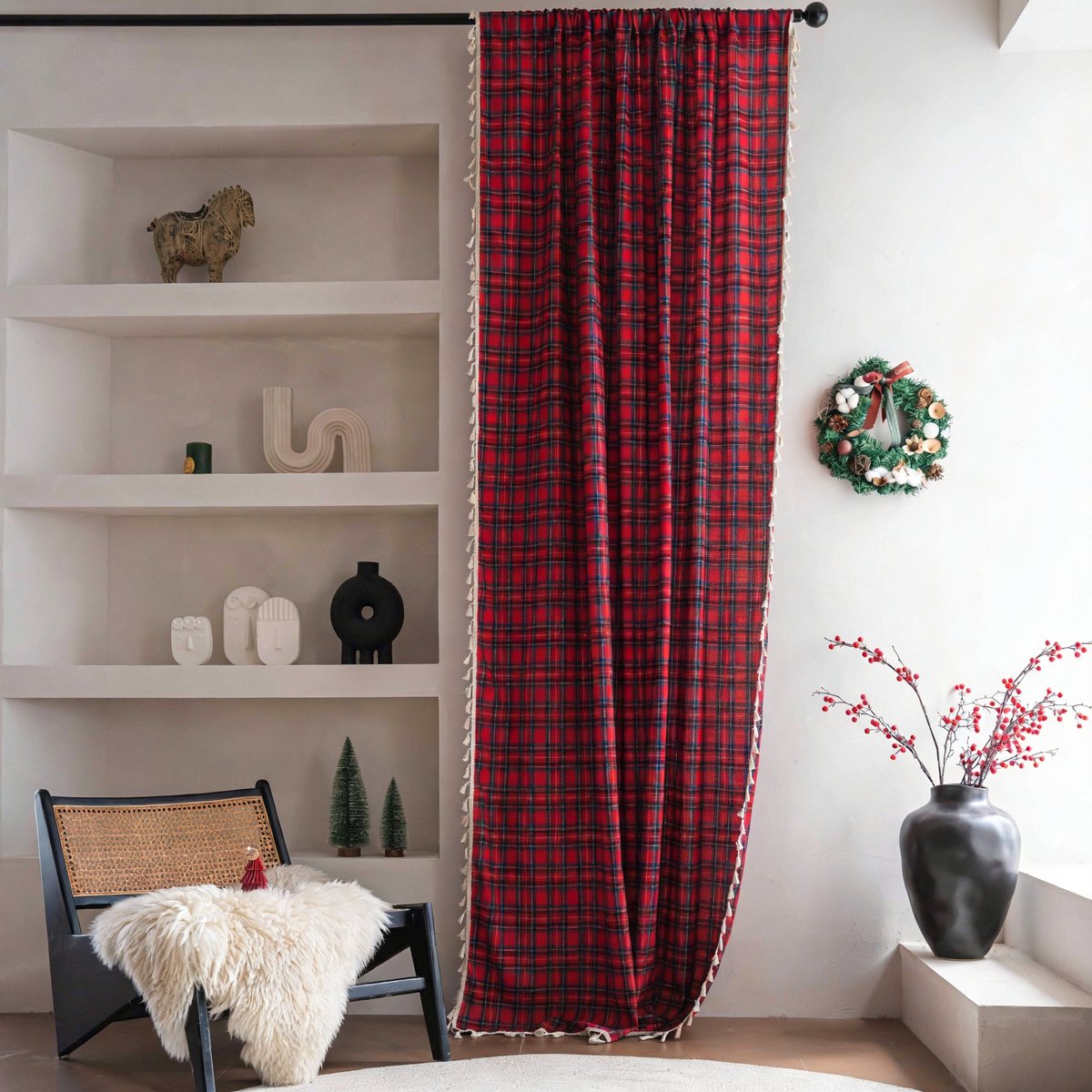 Floraweg gordijnen in Scandinavische stijl met rode ruitjes en franjes, halfverduisterend, Amerikaanse landhuisstijl, decoratieve gordijnen 