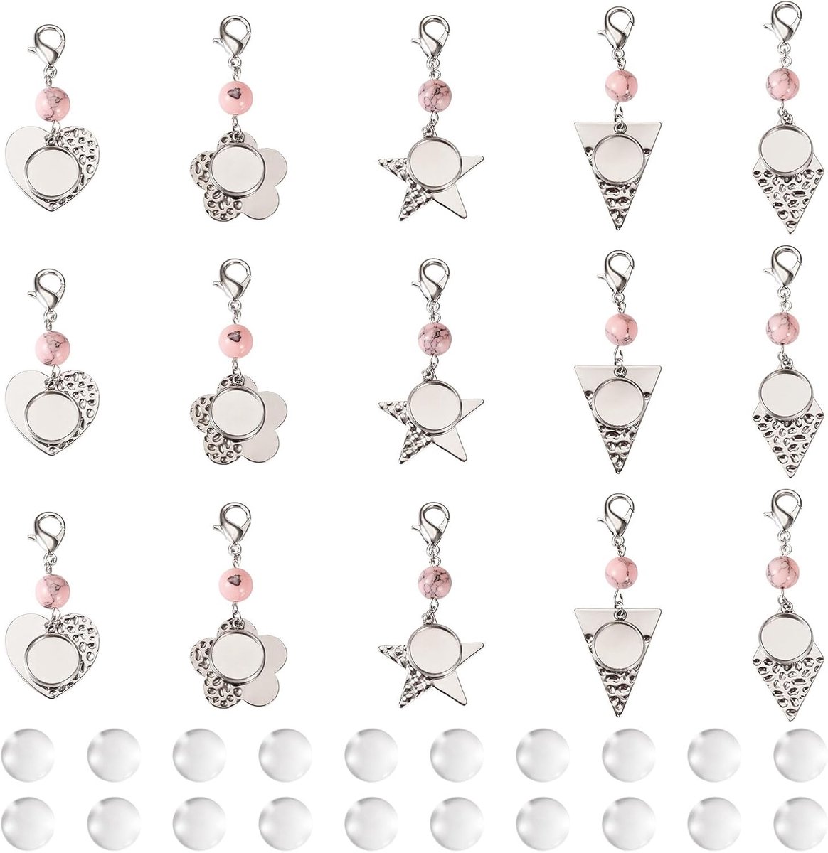 20pcs 304 RVS Lege Bezel Charms - Trays - Pendants - Dome Cabochons Setting - Bloem - Hart - Dangle met Lobster Clasps voor Sleutelhangers - Sierraden Maken