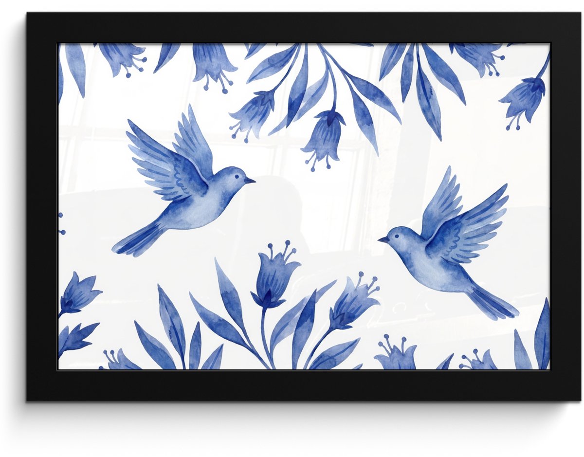 FrameYourWall Poster in lijst - Fotolijst 30x20 cm - Posters - Modern - Vogels - Delfts - Blauw - Posterlijst zwart - Decoratie - Wanddecoratie woonkamer - Muurdecoratie slaapkamer