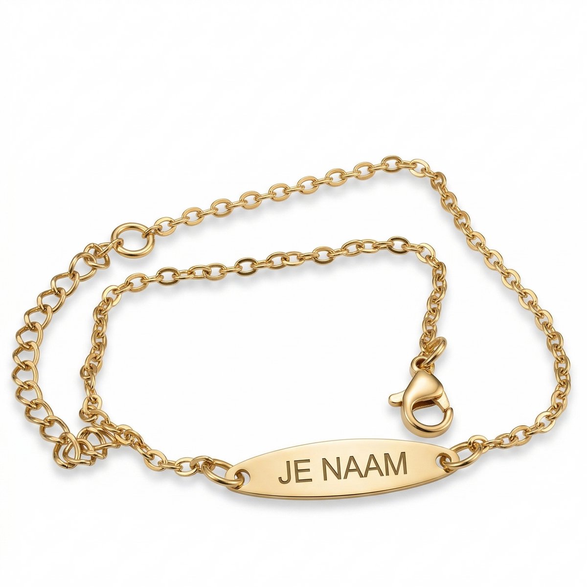 Armband met graveer, Armband met naam, Armband - gepersonaliseerd - goudkleurig - met ovaal naamplaatje - verstelbaar, Armband met naamplaatje ,graveerarmband