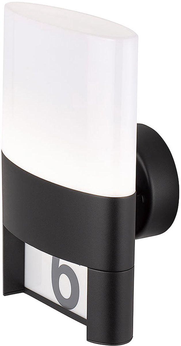 Wofi Wandlamp huisnummer buitenlamp IP54, huis wandlamp terras tuin, metaal zwart, sticker, 1x LED 10,5W 660Lm 3000K, HxBxD 28x15,5x13,5cm, Wofi 12227