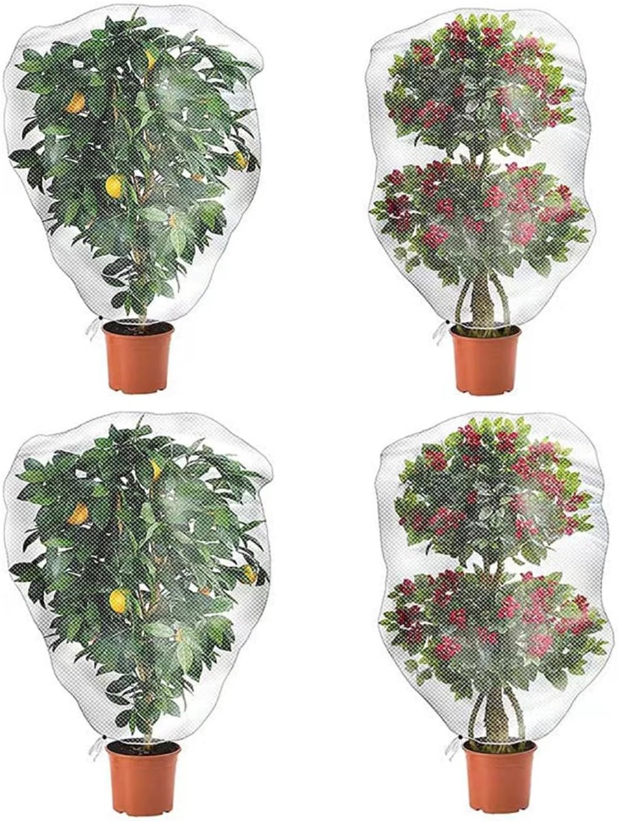 Vier plantenzakken - vogelnet voor fruitbomen en planten - met trekkoord - insectennet - fijnmazig net - voor het beschermen van groenten, bloemen en fruit (80 x 80 cm).