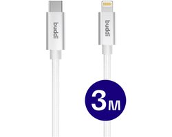 Buddi Flex | USB-C naar Lightning Kabel 20W Fast Charge | Power Delivery | 480Mbps Dataoverdracht | Gevlochten Nylon | 3M | 3 Meter | Wit