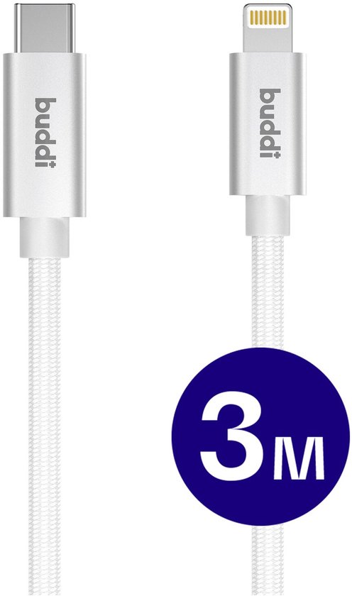 Witte 3 meter lange kabel met USB-C en Lightning connectoren.