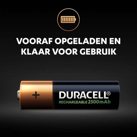 Duracell oplaadbare AA-batterij (2500mAh) met gouden pluspool en zwarte behuizing, met icoon van batterij.