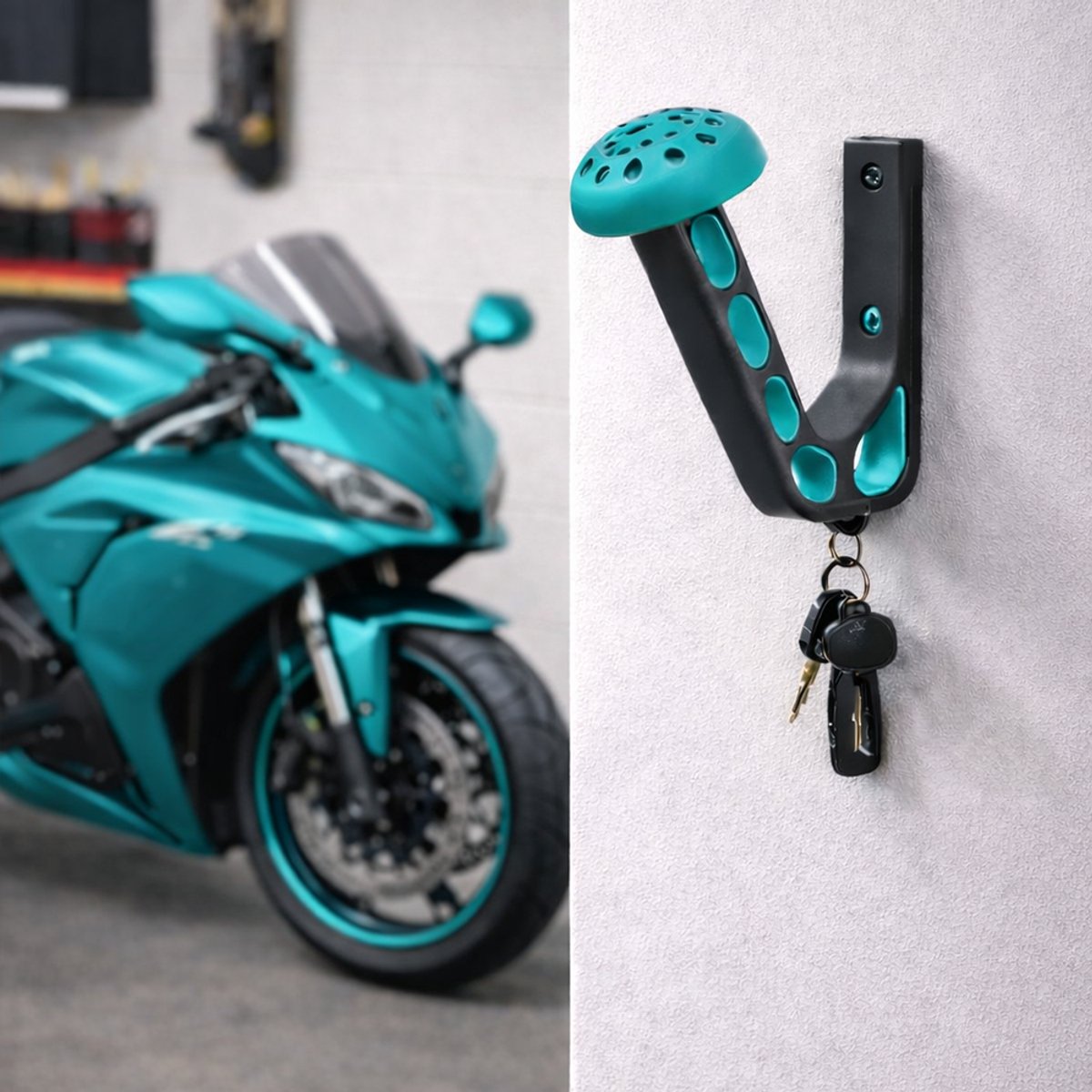 Motor helm houder inclusief haakje voor sleutels – Turqouise – helmhouder – helm kapstok - wandmontage