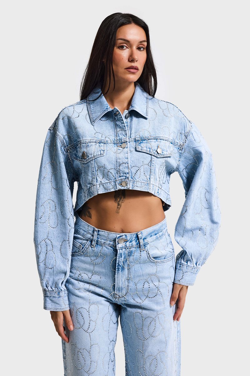 It's Basic - RHINESTONE CROPPED DENIM JACKET