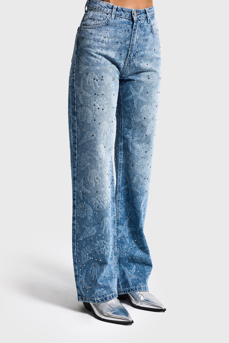 It's Basic - RHINESTONE STRAIGHT MID RISE JEANS