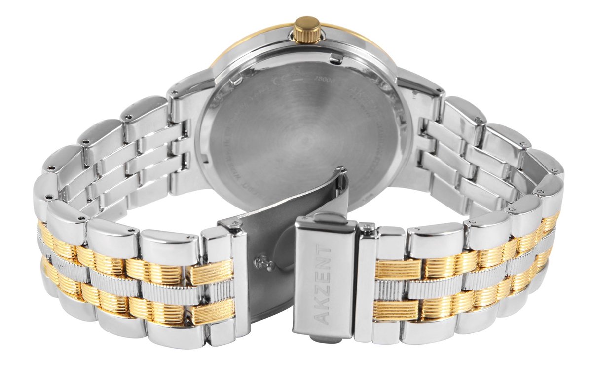 Akzent-Herenhorloge-model2800072-003-zilver-goudkleurig-Datum-diameter 42mm-3 atm waterdicht-metalen schakelband