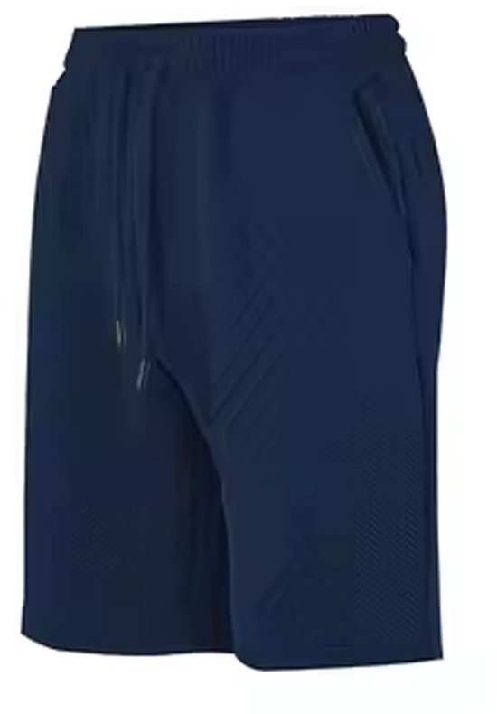 Donkerblauwe korte sportbroek met ruitpatroon en trekkoord.