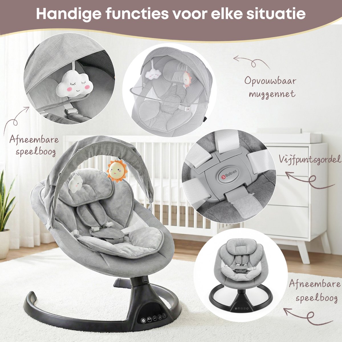 3Babies Elektrische Babyschommel – Grijs en Zwart thumbnail 2