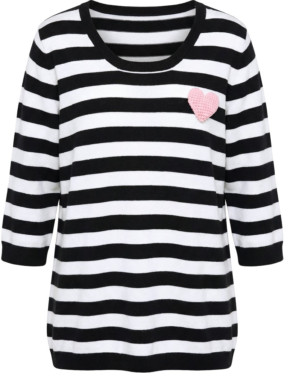 MIAMODA - Dames - Gebreid shirt Comfort Fit strepen afneembare hart-broche - Zwart - Maat 58