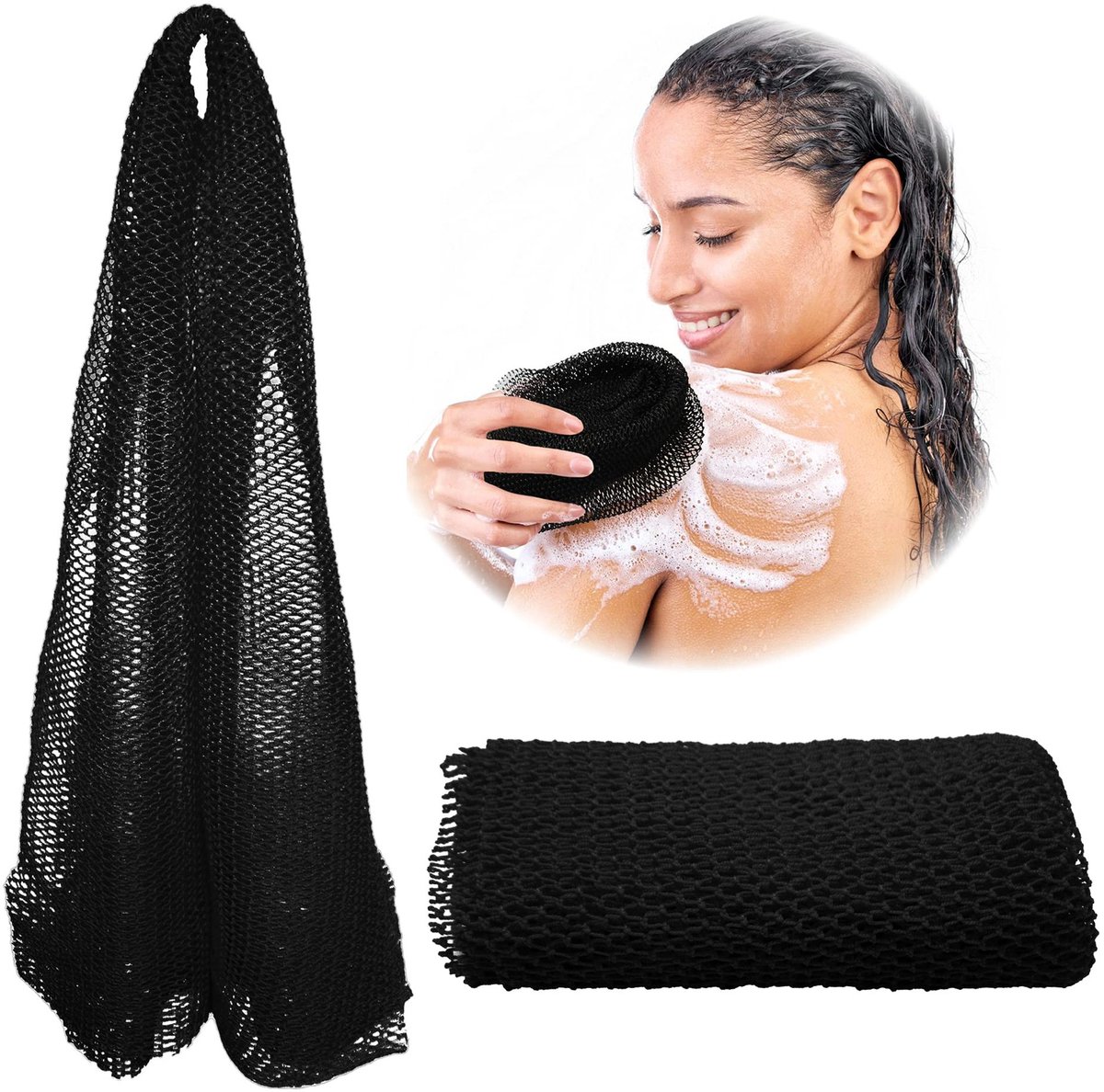 Exfoliërende badhanddoek - lange spons - handdoek voor rug en voeten - zwart