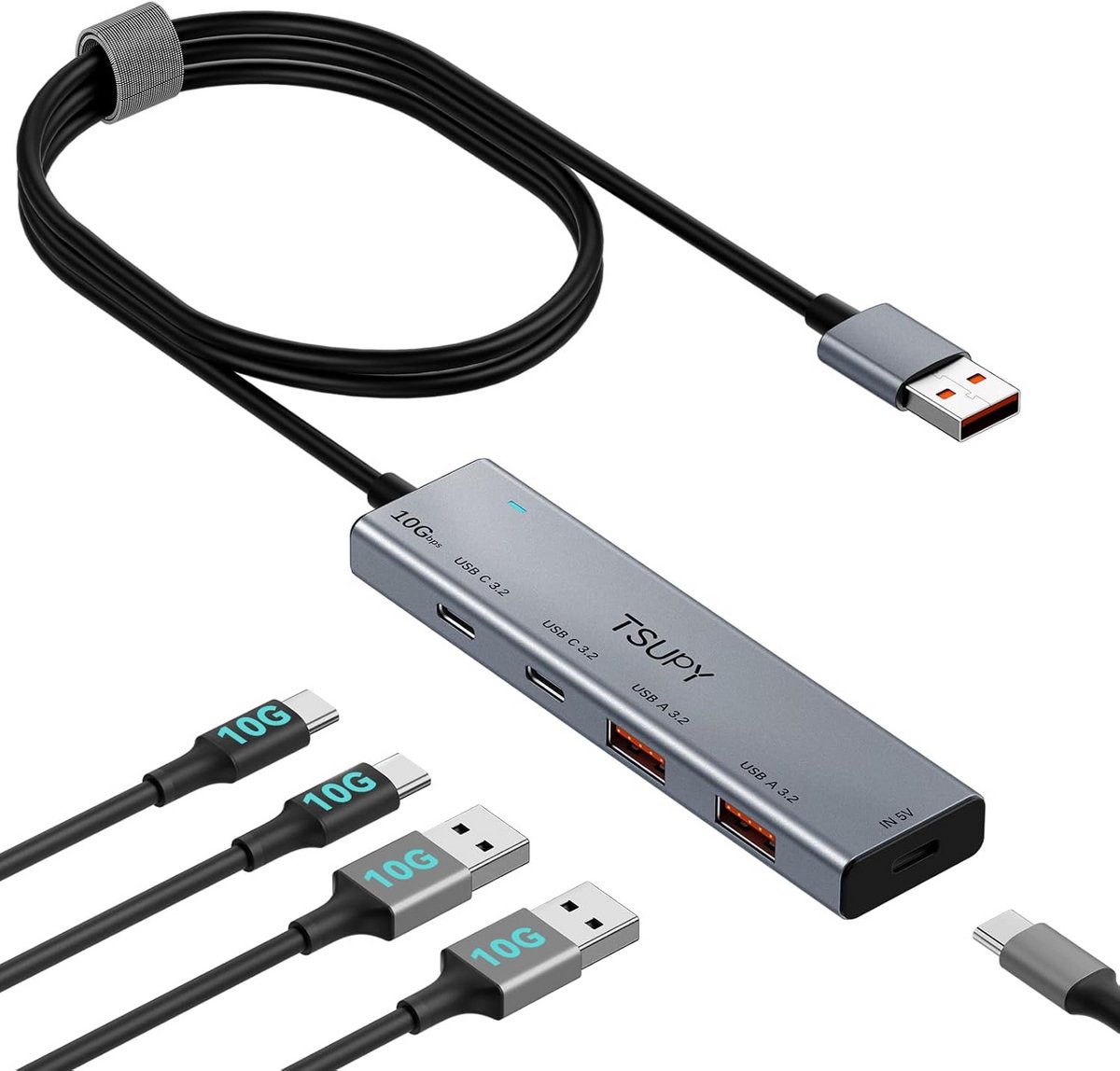 10 Gbps USB A Hub met 2x USB-A en 2x USB-C Poorten, Type C, 120cm Kabel