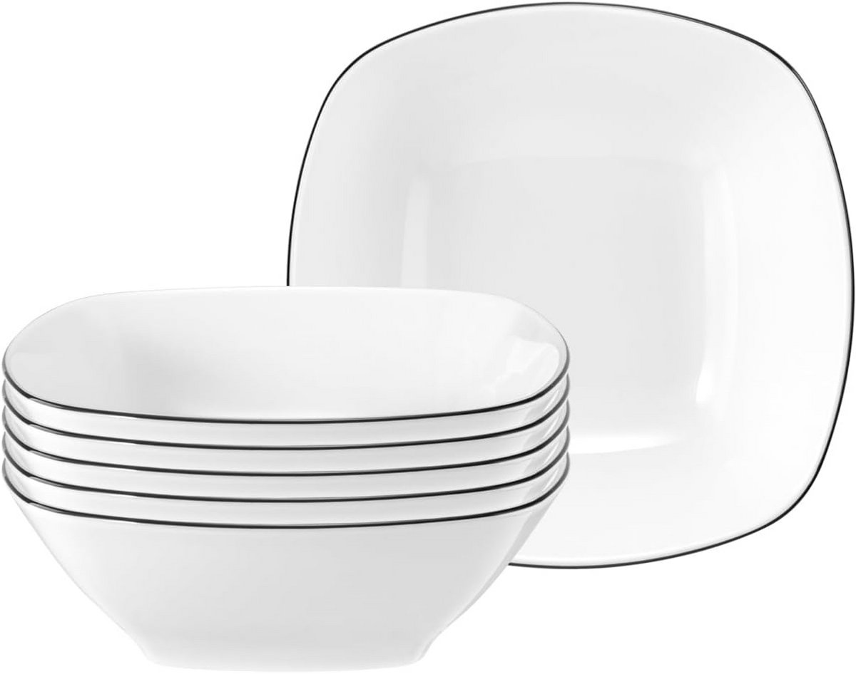 Set van 6 Dessertkommen 15x15 cm Vierkant Wit Porselein met Zwarte Rand