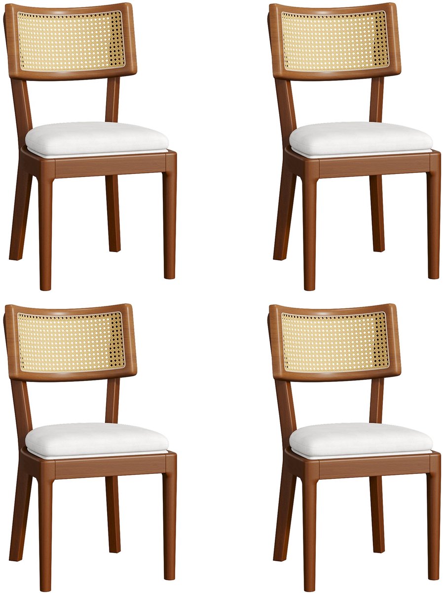 Merax Set Van 4 Eetkamerstoelen Van Massief Hout Met Rotan Rugleuning - Met Linnen Zitkussen - Walnootkleur - 50 x 58 x 88 cm
