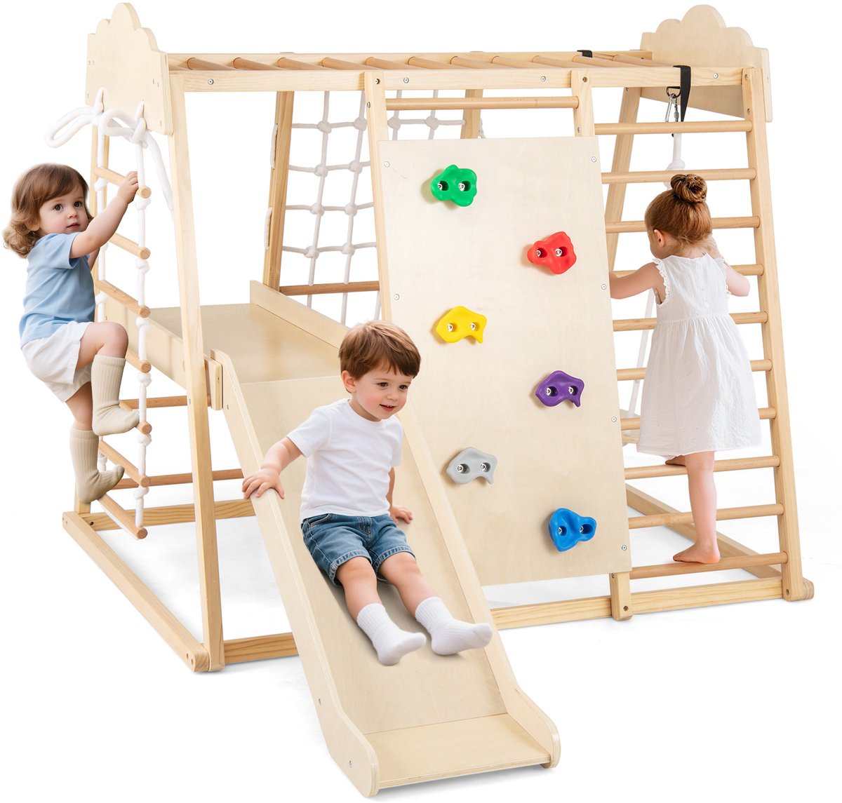 COSTWAY Klimrek voor binnen, 8-in-1 klimdriehoek, schommel, klimnet, glijbaan, klimrotsen, apenstangen, touwladder en platform, houten speelplaats, voor kinderen vanaf 3 jaar (natuur)