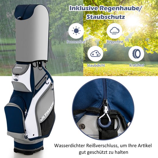 COSTWAY Golftas, Lichtgewicht en Draagbare Golfkar Tas met 14 Manieren Volledige-Lengte Top Verdelers, 7 Zakken met Ritssluiting, Regenkap, Schouderriem, PVC Handvat, Paraplu Houder (Navy + Grijs) van Merkloos — afbeelding 4