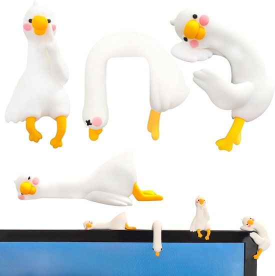 Set van 4 hars ganzenbeeldjes als decoratie voor computermonitor, schattige mini-ganzenbeeldjes voor autodashboards, leuke decoratie voor bureau/tv/fotolijst (witte gans)