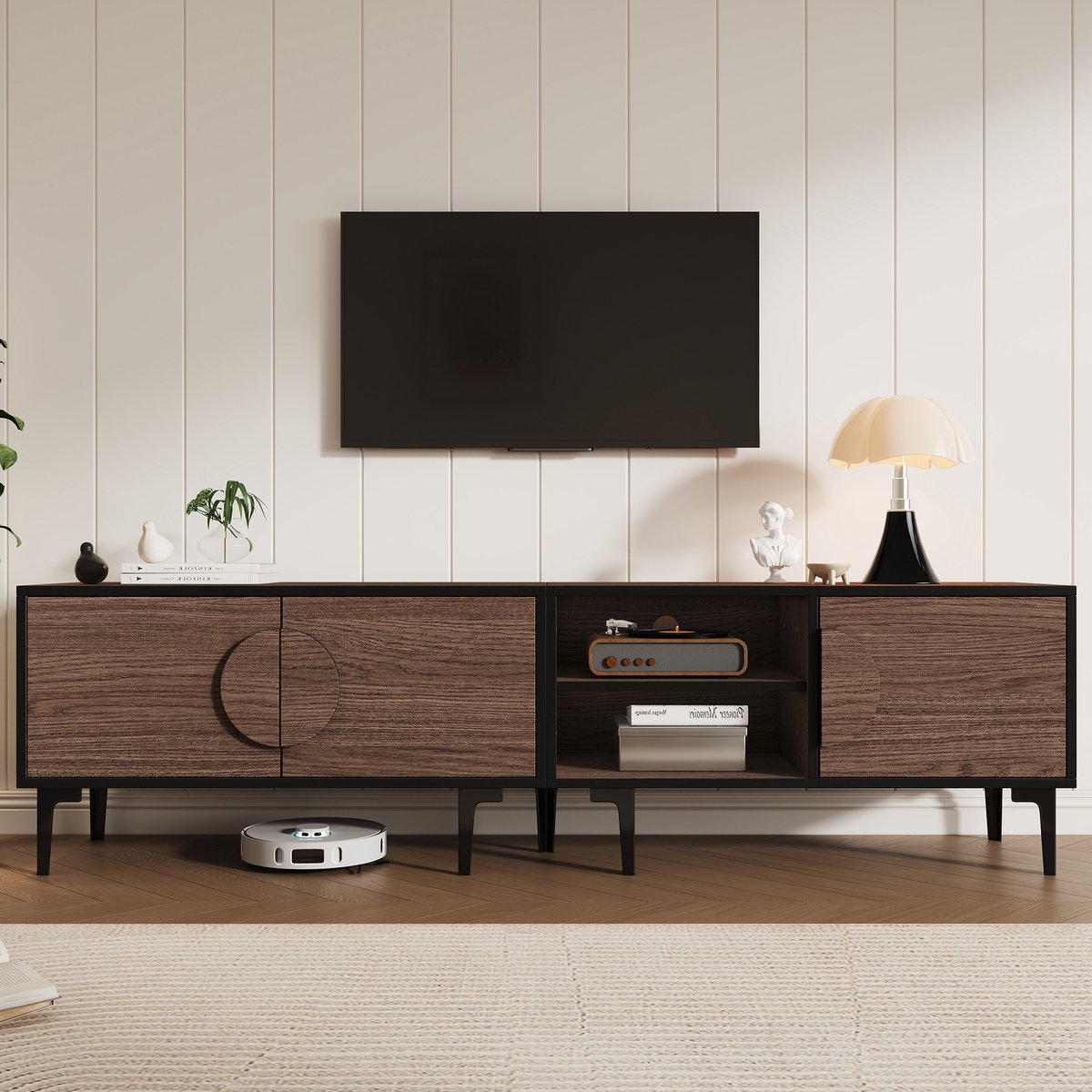 Wishdor Tv-Meubel - 3 Kastdeuren En 2 Open Vakken - Spanplaat Met Pvc Poten - Donker Eiken - 180 X 35 X 49 Cm Donkere Eik