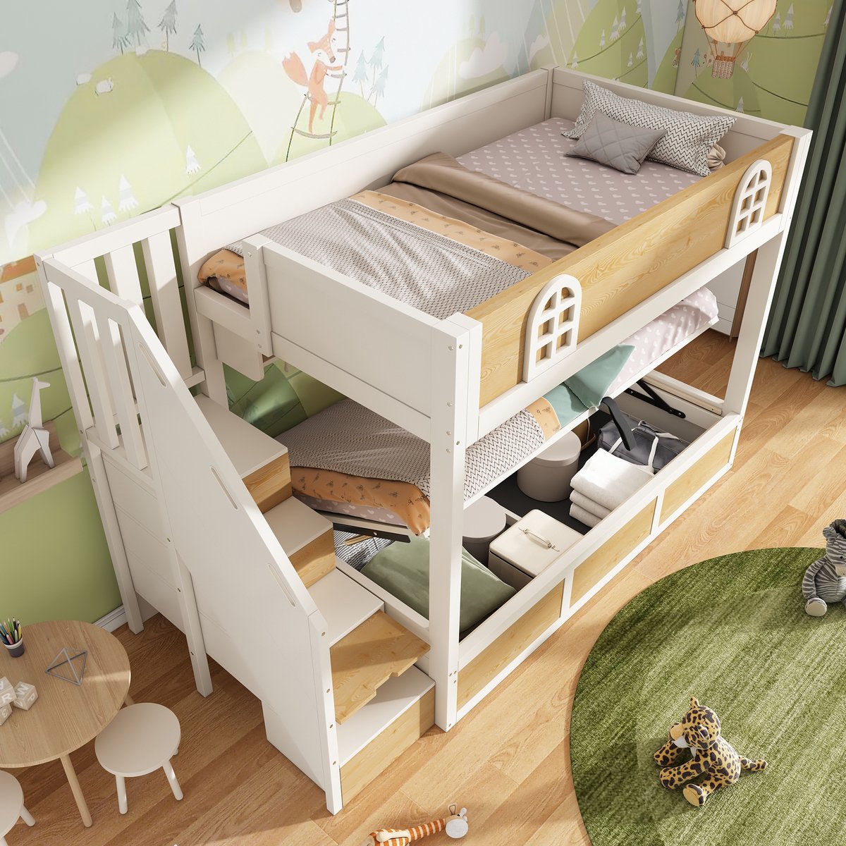 OKWISH Stapelbed 90x200 cm – Met Treppenkast En Opbergruimte – Twee Slaapplekken – Met Lattenbodems – Kinderkamer – Zonder Matras – Wit En Naturel