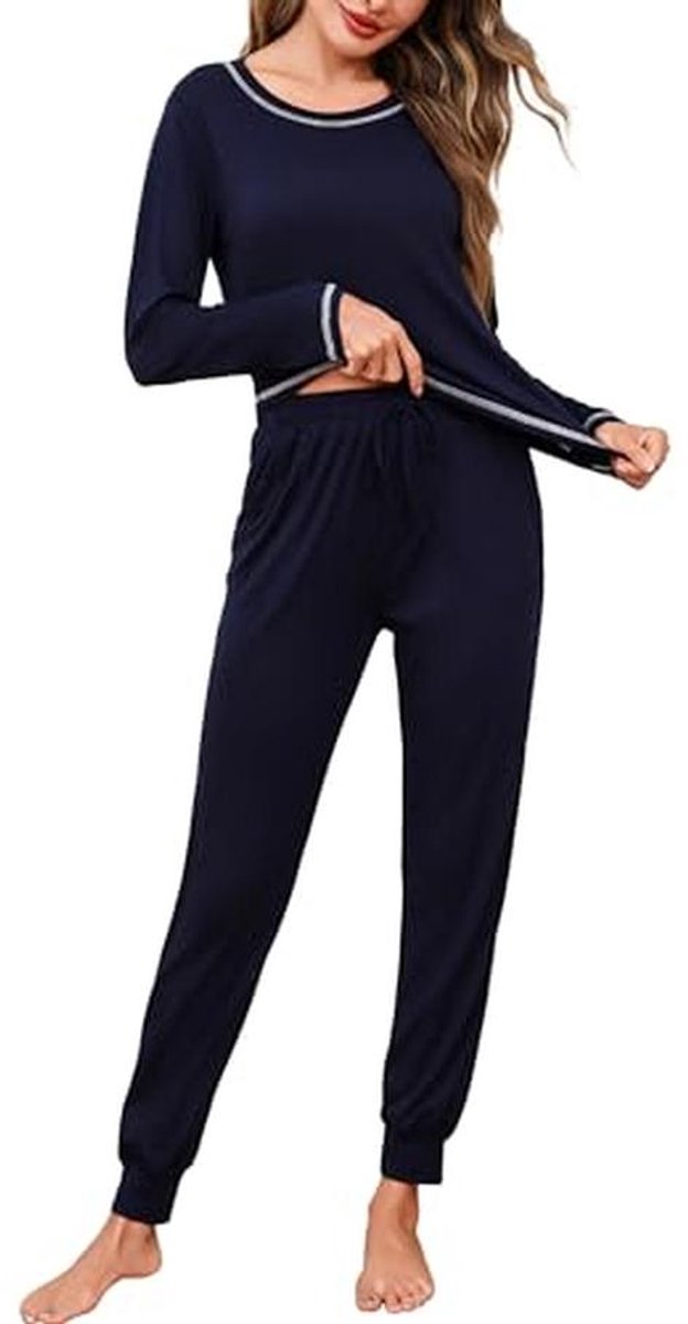 Aseniza Pyjama dames lange pyjama set katoen winter huispak lange mouwen tweedelige nachtkleding effen voor dames