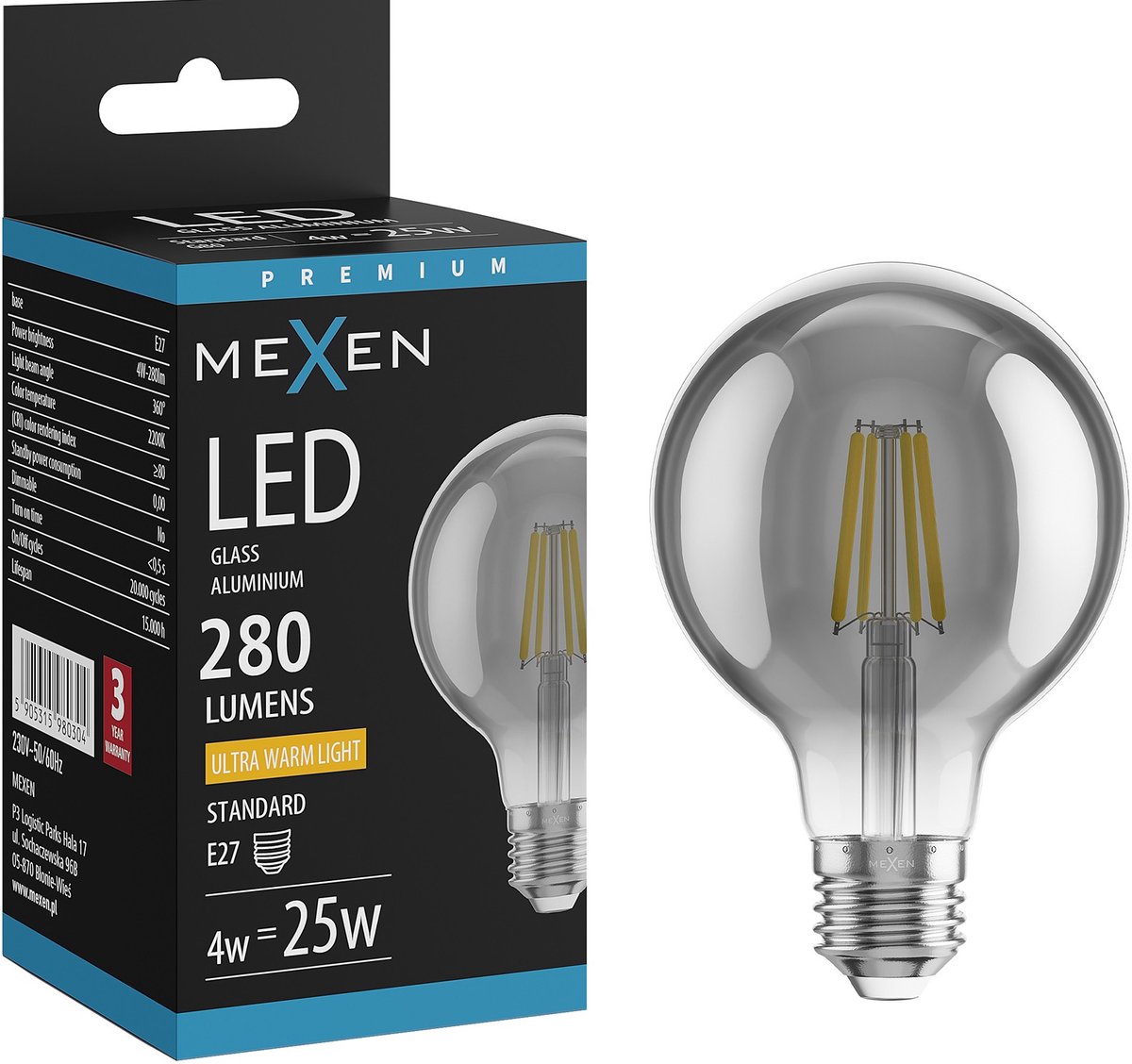 Mexen Vintis LED filamentlamp E27, G80, 4W, Warm - 2200K, 280 lm, rook - L155-E27-0422-70
