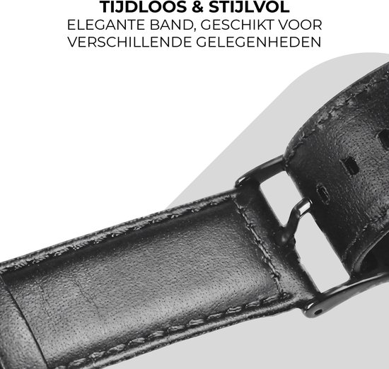 Close-up van de gesp van een zwart leren Apple Watch bandje.