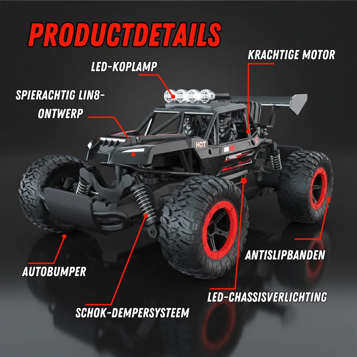 Nexar Bestuurbare Auto - RC Auto Monstertruck - 33 km/u - Afstandsbestuurbare Auto voor Buiten - Met Verlichting & 2 Accu's - Rood — afbeelding 5