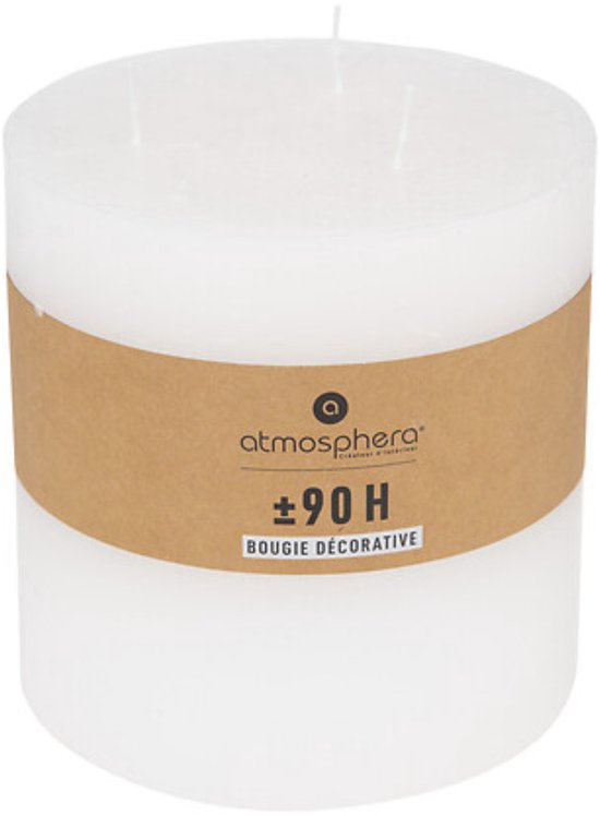 Grote witte cilinderkaars met bruin label met 'atmosphera ±90 H BOUGIE DÉCORATIVE'.